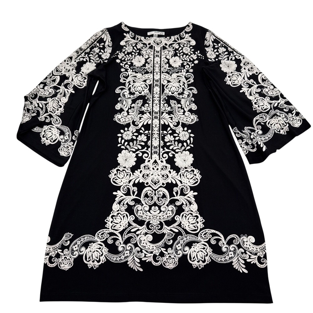 NWT Studio One New York Paisley Bell Sleeve Dress Black White PS Petite Small